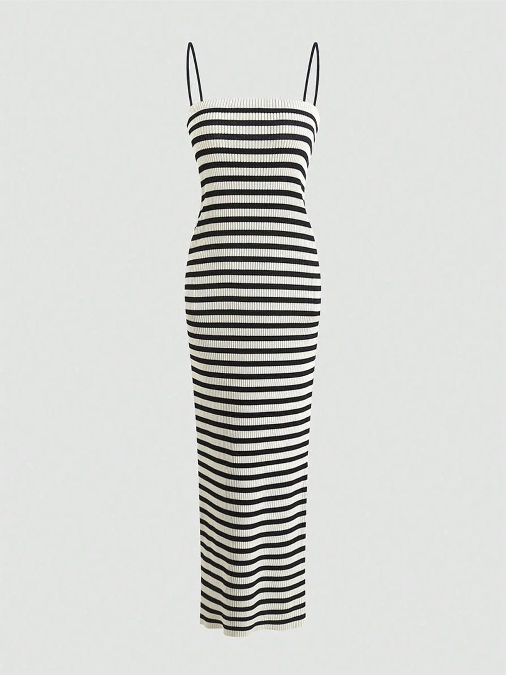 Black Spaghetti Strap Striped Ribbed Knit Column Maxi Dress