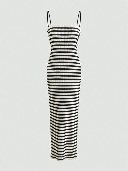 Black Spaghetti Strap Striped Ribbed Knit Column Maxi Dress