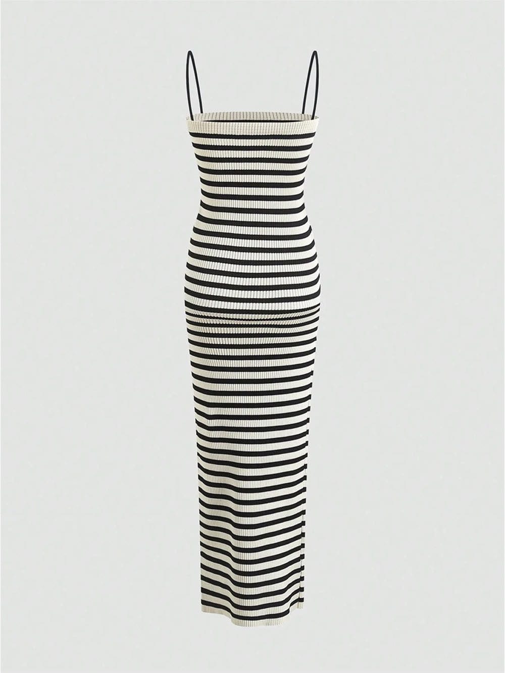 Black Spaghetti Strap Striped Ribbed Knit Column Maxi Dress