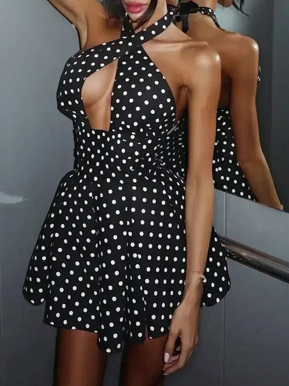 Black Polka Dot Print Halter Neck Crossover Strap Keyhole Cut Out Backless Sleeveless Tiered Ruffle Flare Mini Dress