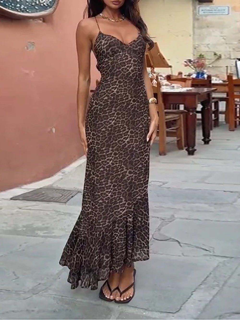 Leopard Spaghetti Strap Deep V-Neck Ruched Lettuce Hem Bodycon Maxi Dress