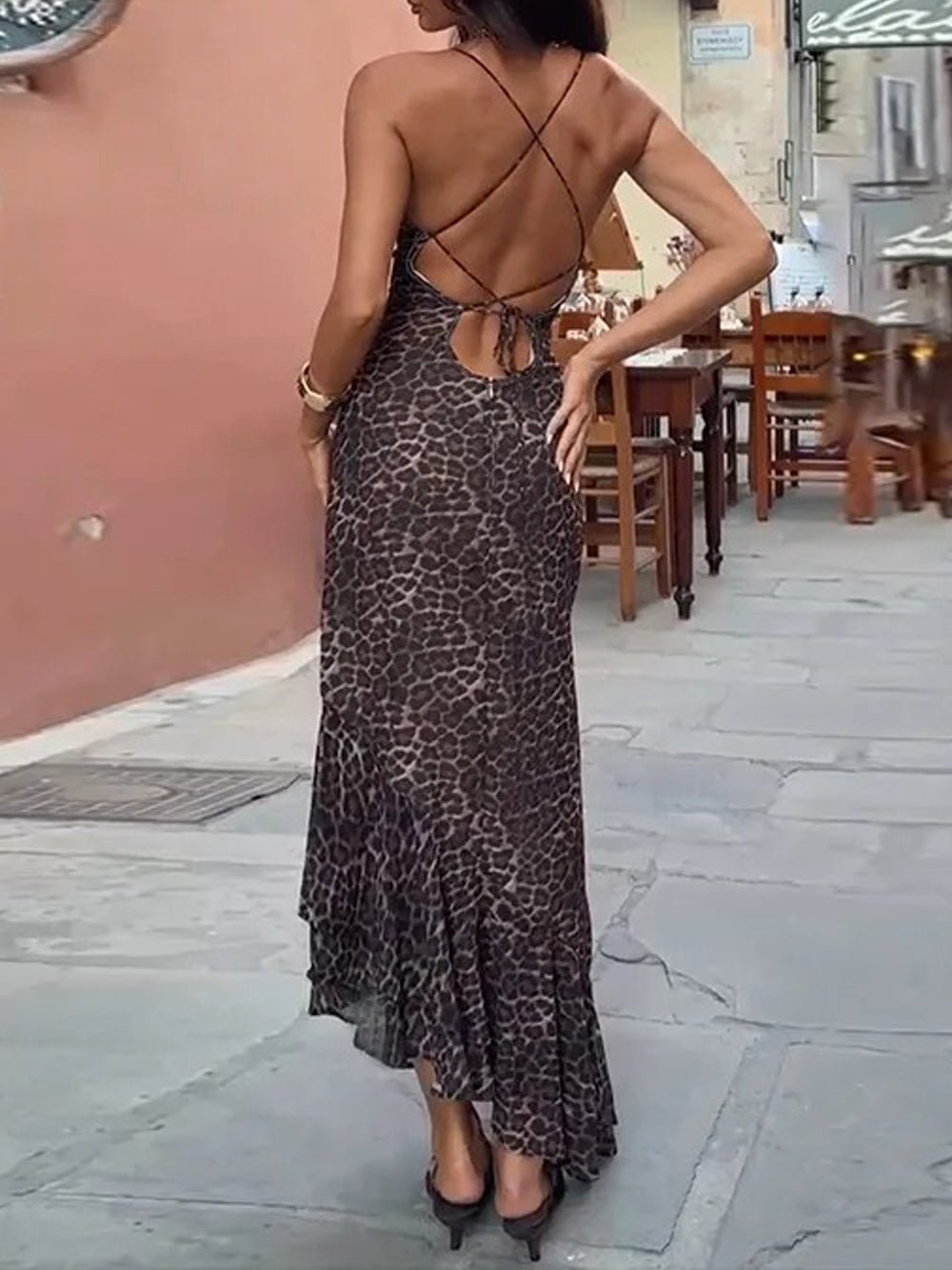 Leopard Spaghetti Strap Deep V-Neck Ruched Lettuce Hem Bodycon Maxi Dress