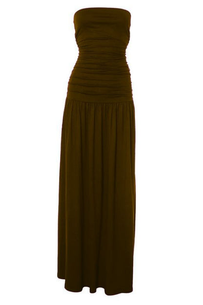 Chocolate Brown Strapless Ruched Dropped Waist Pleated Fit and Flare Midi Dress