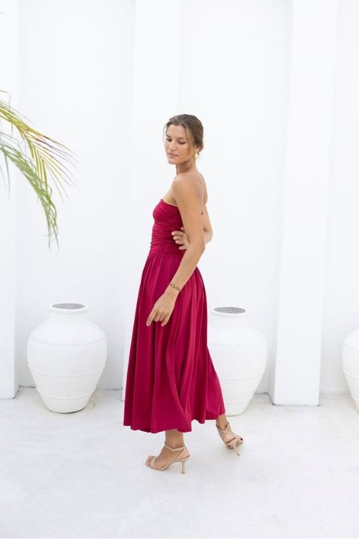 Beige Strapless Ruched Dropped Waist Pleated Fit and Flare Midi Dress