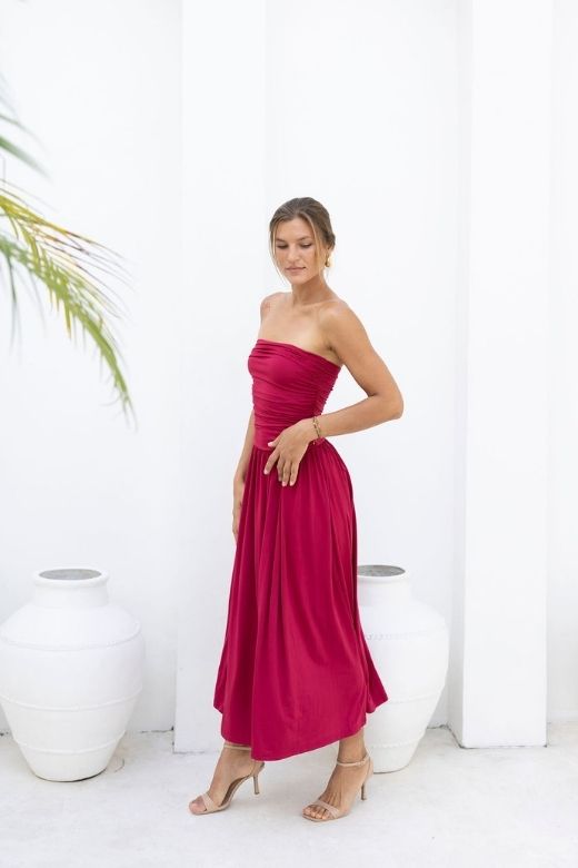 Beige Strapless Ruched Dropped Waist Pleated Fit and Flare Midi Dress