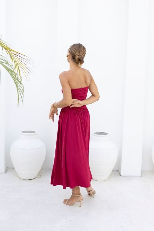 Beige Strapless Ruched Dropped Waist Pleated Fit and Flare Midi Dress