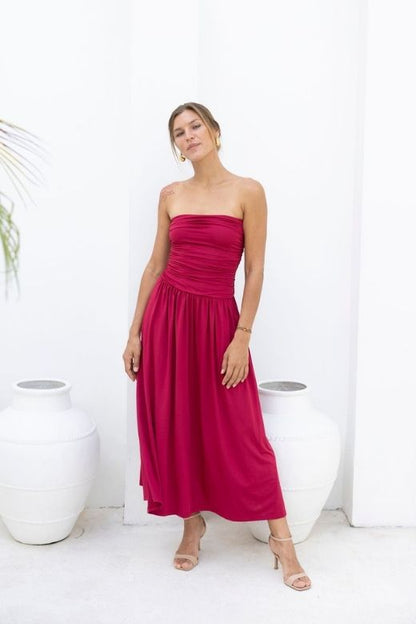 Beige Strapless Ruched Dropped Waist Pleated Fit and Flare Midi Dress