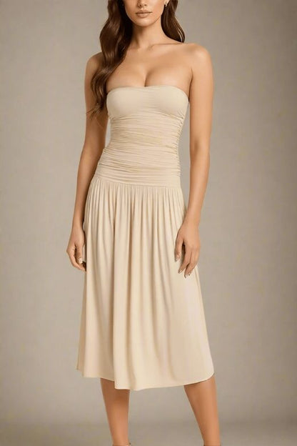 Beige Strapless Ruched Dropped Waist Pleated Fit and Flare Midi Dress
