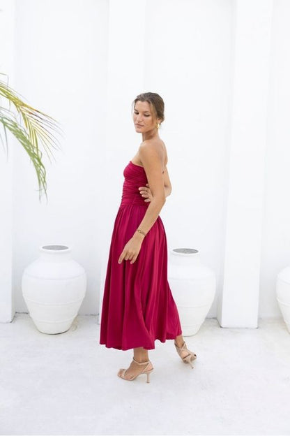 Chocolate Brown Strapless Ruched Dropped Waist Pleated Fit and Flare Midi Dress