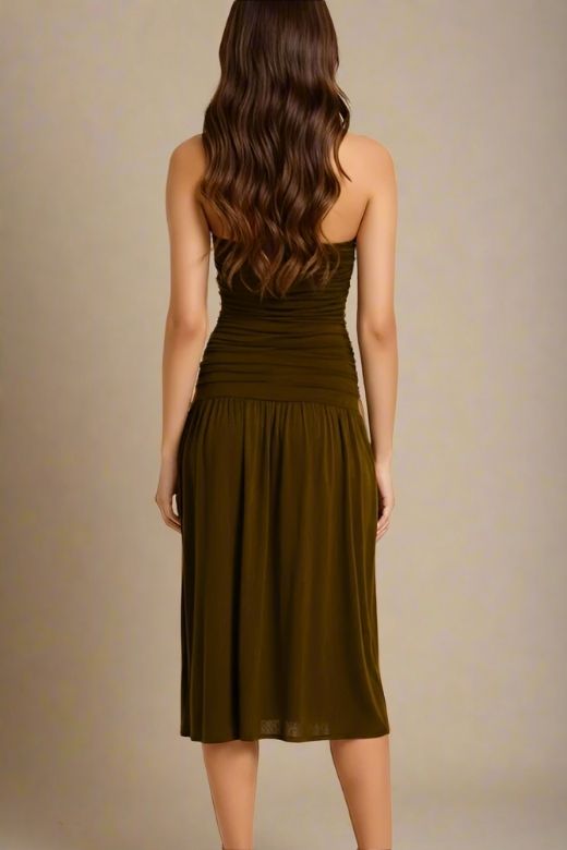 Chocolate Brown Strapless Ruched Dropped Waist Pleated Fit and Flare Midi Dress