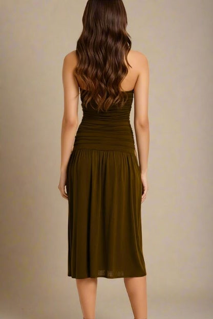 Chocolate Brown Strapless Ruched Dropped Waist Pleated Fit and Flare Midi Dress