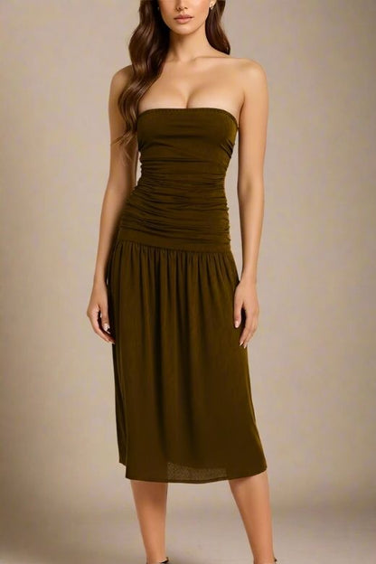 Chocolate Brown Strapless Ruched Dropped Waist Pleated Fit and Flare Midi Dress