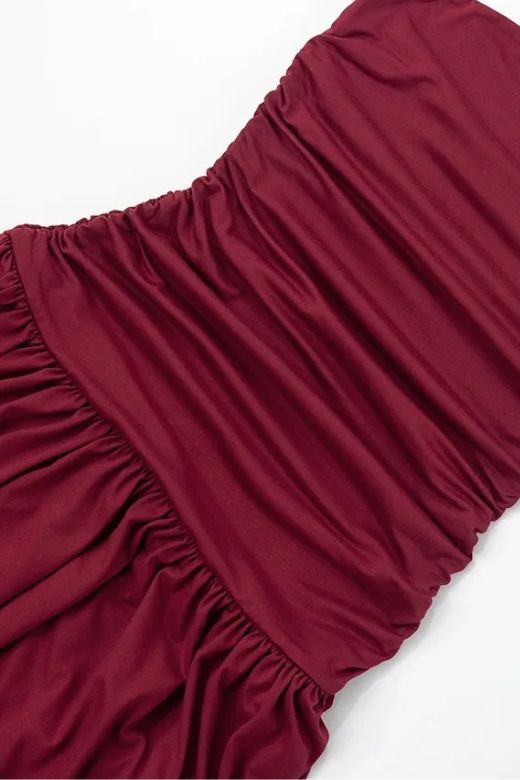 Chocolate Brown Strapless Ruched Dropped Waist Pleated Fit and Flare Midi Dress