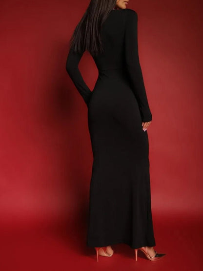 Long Sleeve Deep V-Neck Butterfly Embellishment Bodycon Maxi Dress