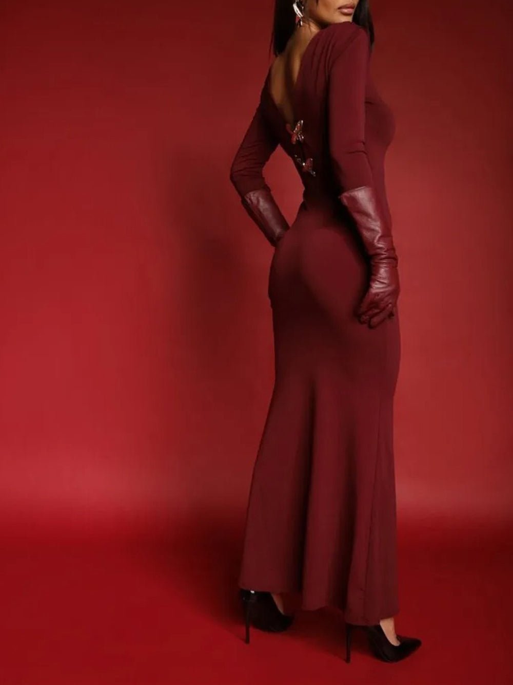 Long Sleeve Deep V-Neck Butterfly Embellishment Bodycon Maxi Dress