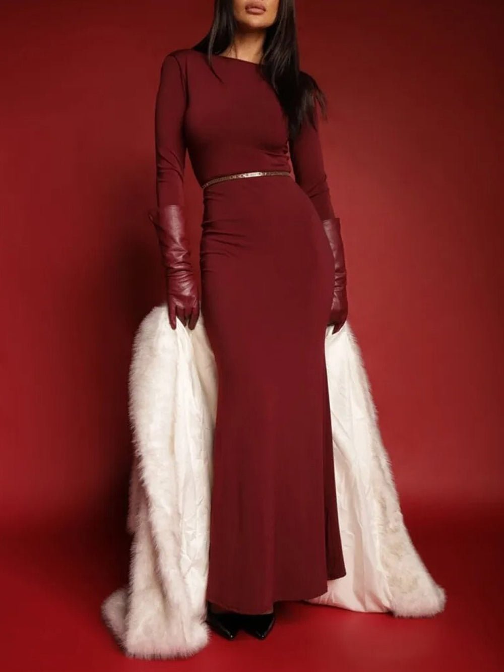 Long Sleeve Deep V-Neck Butterfly Embellishment Bodycon Maxi Dress