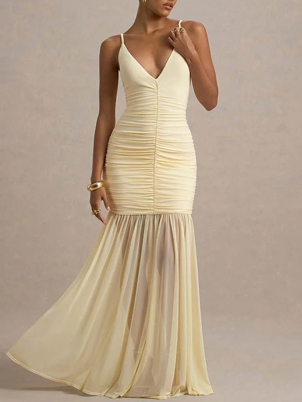 Spaghetti Strap Deep V-Neck Ruched Bodycon Sheer Mesh Skirt Mermaid Maxi Gown