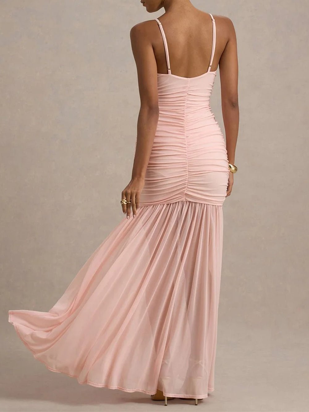 Spaghetti Strap Deep V-Neck Ruched Bodycon Sheer Mesh Skirt Mermaid Maxi Gown