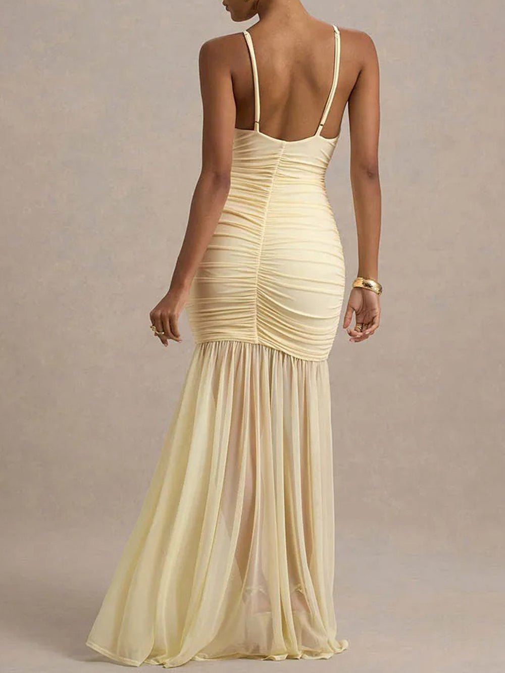Spaghetti Strap Deep V-Neck Ruched Bodycon Sheer Mesh Skirt Mermaid Maxi Gown