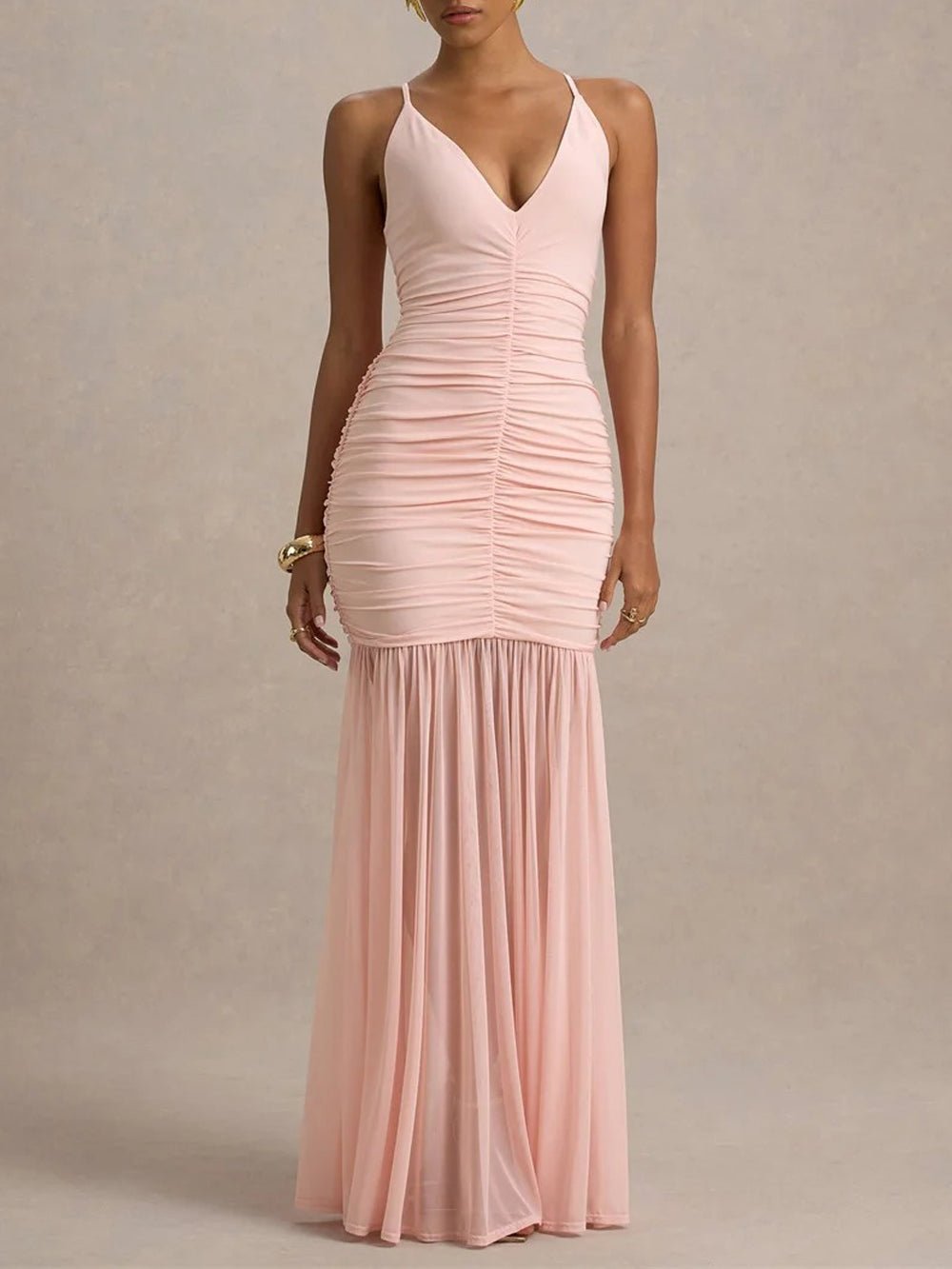 Spaghetti Strap Deep V-Neck Ruched Bodycon Sheer Mesh Skirt Mermaid Maxi Gown