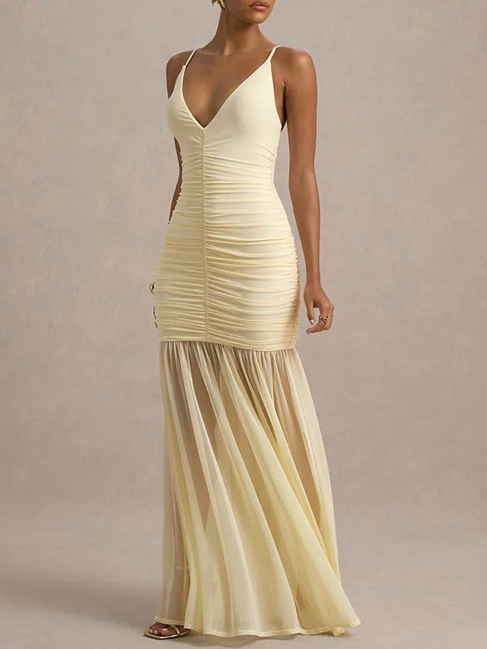 Spaghetti Strap Deep V-Neck Ruched Bodycon Sheer Mesh Skirt Mermaid Maxi Gown