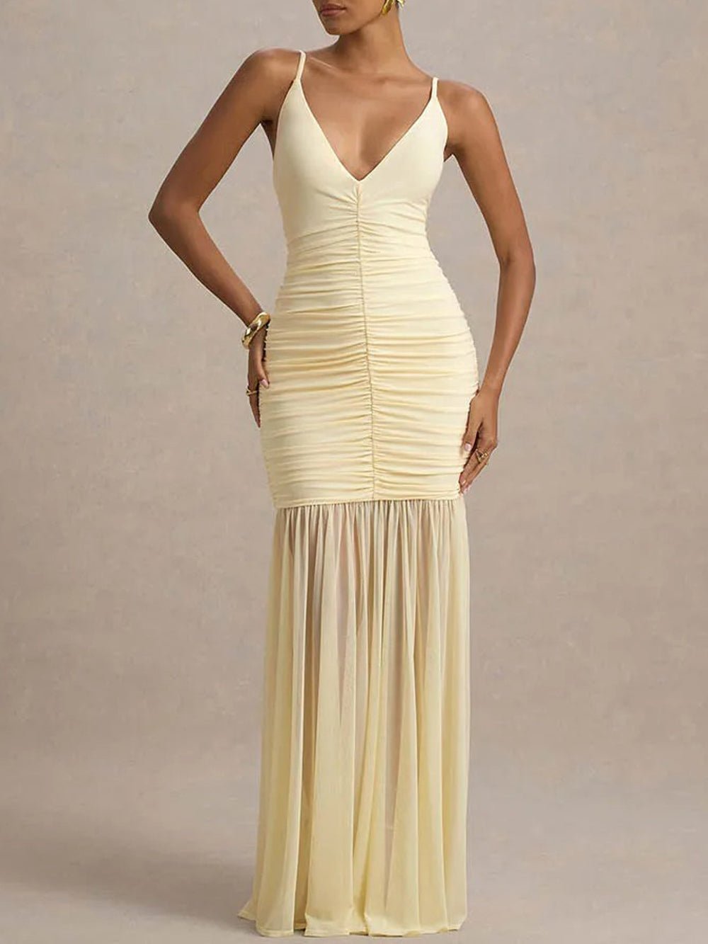 Spaghetti Strap Deep V-Neck Ruched Bodycon Sheer Mesh Skirt Mermaid Maxi Gown