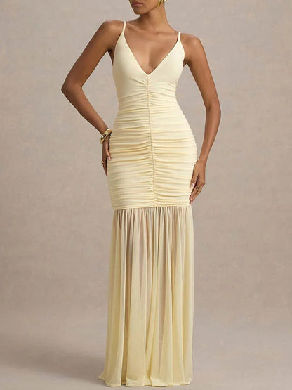 Spaghetti Strap Deep V-Neck Ruched Bodycon Sheer Mesh Skirt Mermaid Maxi Gown