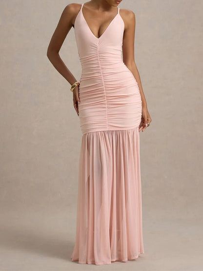 Spaghetti Strap Deep V-Neck Ruched Bodycon Sheer Mesh Skirt Mermaid Maxi Gown