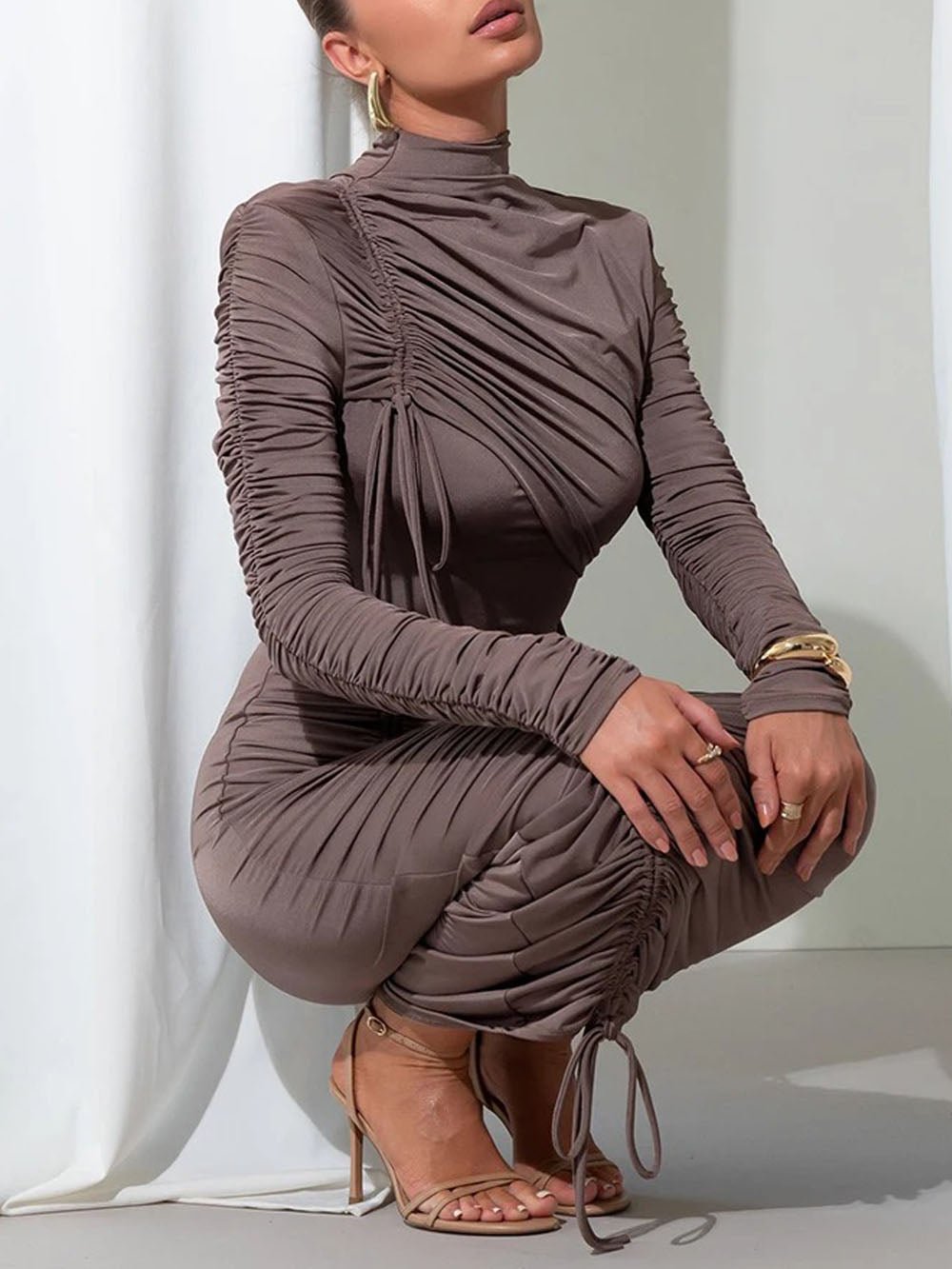 Mock Neck Long Sleeve Drawstring Ruched Side Slit Bodycon Midi Dress