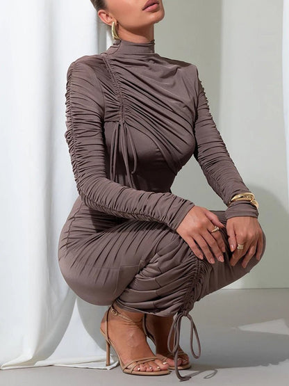 Mock Neck Long Sleeve Drawstring Ruched Side Slit Bodycon Midi Dress