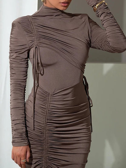 Mock Neck Long Sleeve Drawstring Ruched Side Slit Bodycon Midi Dress