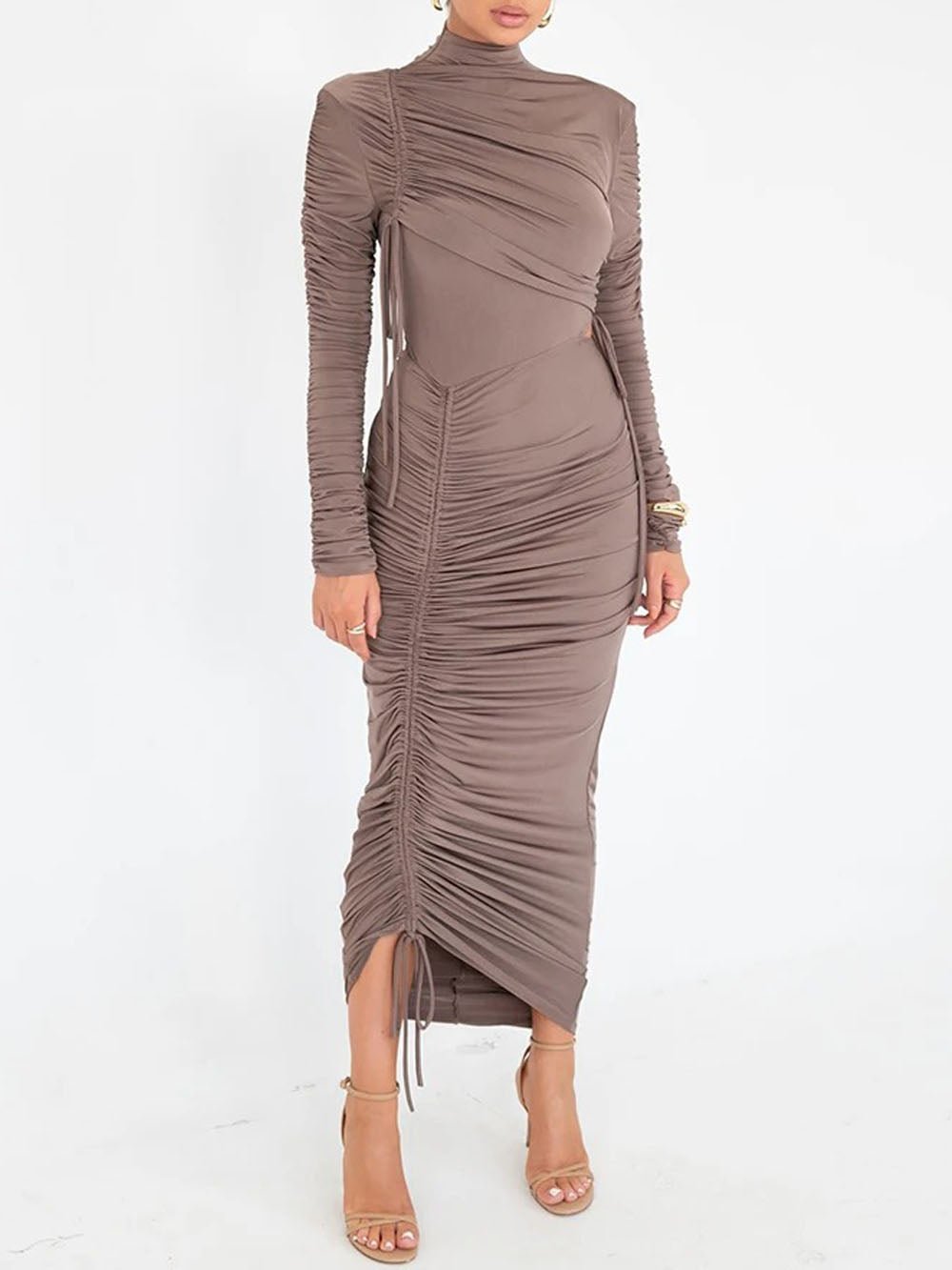 Mock Neck Long Sleeve Drawstring Ruched Side Slit Bodycon Midi Dress