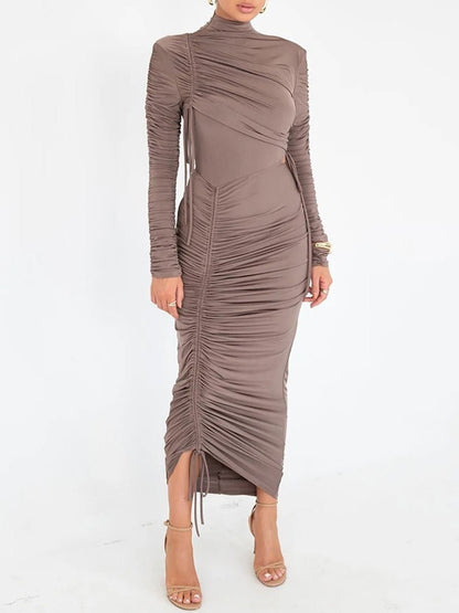 Mock Neck Long Sleeve Drawstring Ruched Side Slit Bodycon Midi Dress