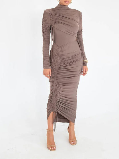 Mock Neck Long Sleeve Drawstring Ruched Side Slit Bodycon Midi Dress