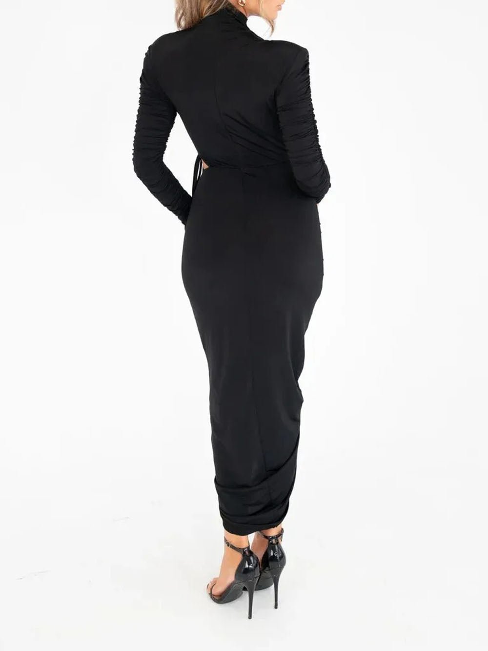 Mock Neck Long Sleeve Drawstring Ruched Side Slit Bodycon Midi Dress