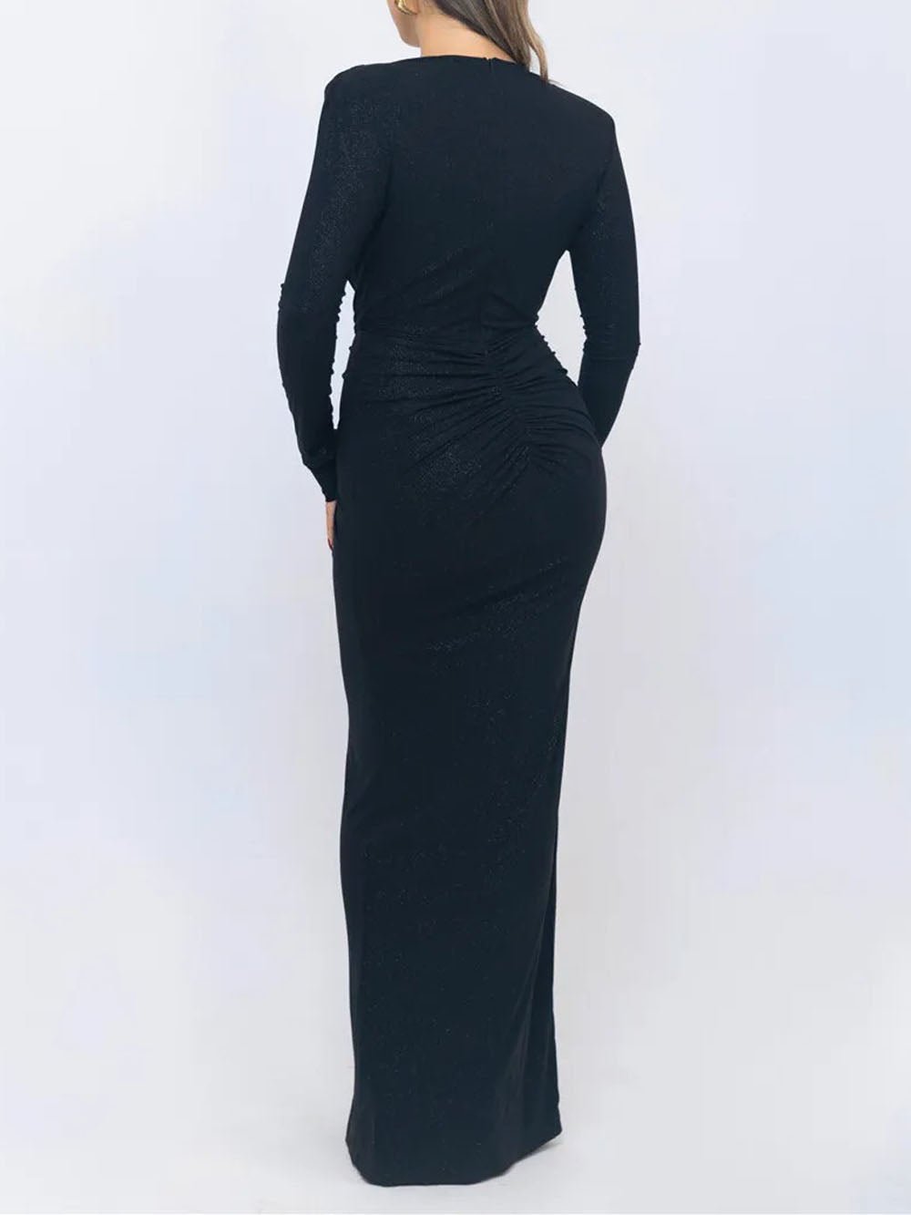 Deep V-Neck Long Sleeve Knot Waist Ruched Shimmer Drape Panel Maxi Dress