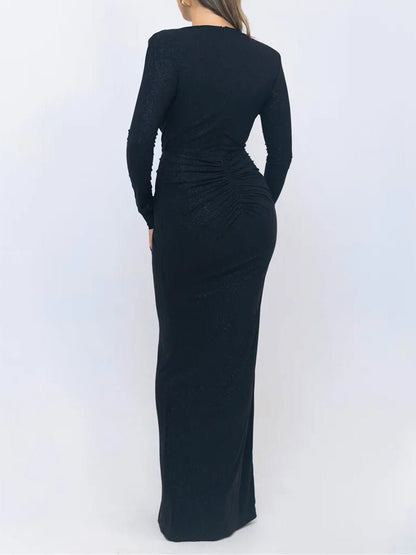 Deep V-Neck Long Sleeve Knot Waist Ruched Shimmer Drape Panel Maxi Dress