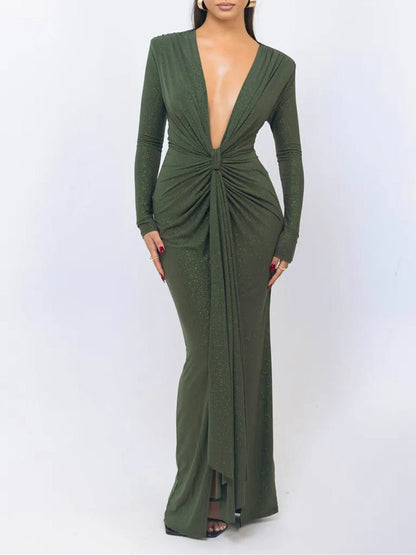Deep V-Neck Long Sleeve Knot Waist Ruched Shimmer Drape Panel Maxi Dress