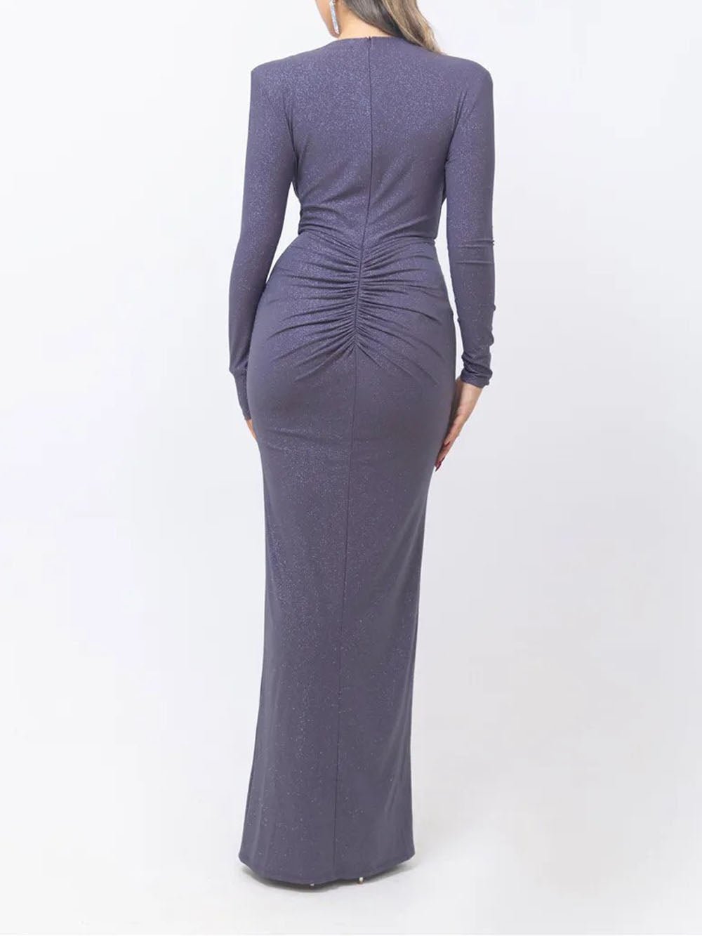 Deep V-Neck Long Sleeve Knot Waist Ruched Shimmer Drape Panel Maxi Dress