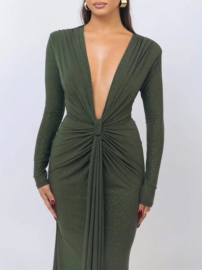 Deep V-Neck Long Sleeve Knot Waist Ruched Shimmer Drape Panel Maxi Dress