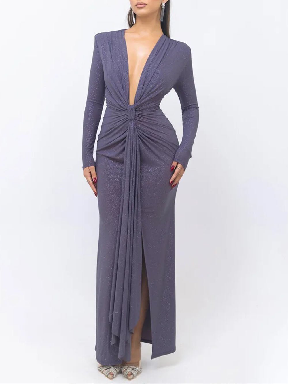 Deep V-Neck Long Sleeve Knot Waist Ruched Shimmer Drape Panel Maxi Dress