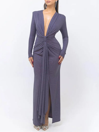 Deep V-Neck Long Sleeve Knot Waist Ruched Shimmer Drape Panel Maxi Dress
