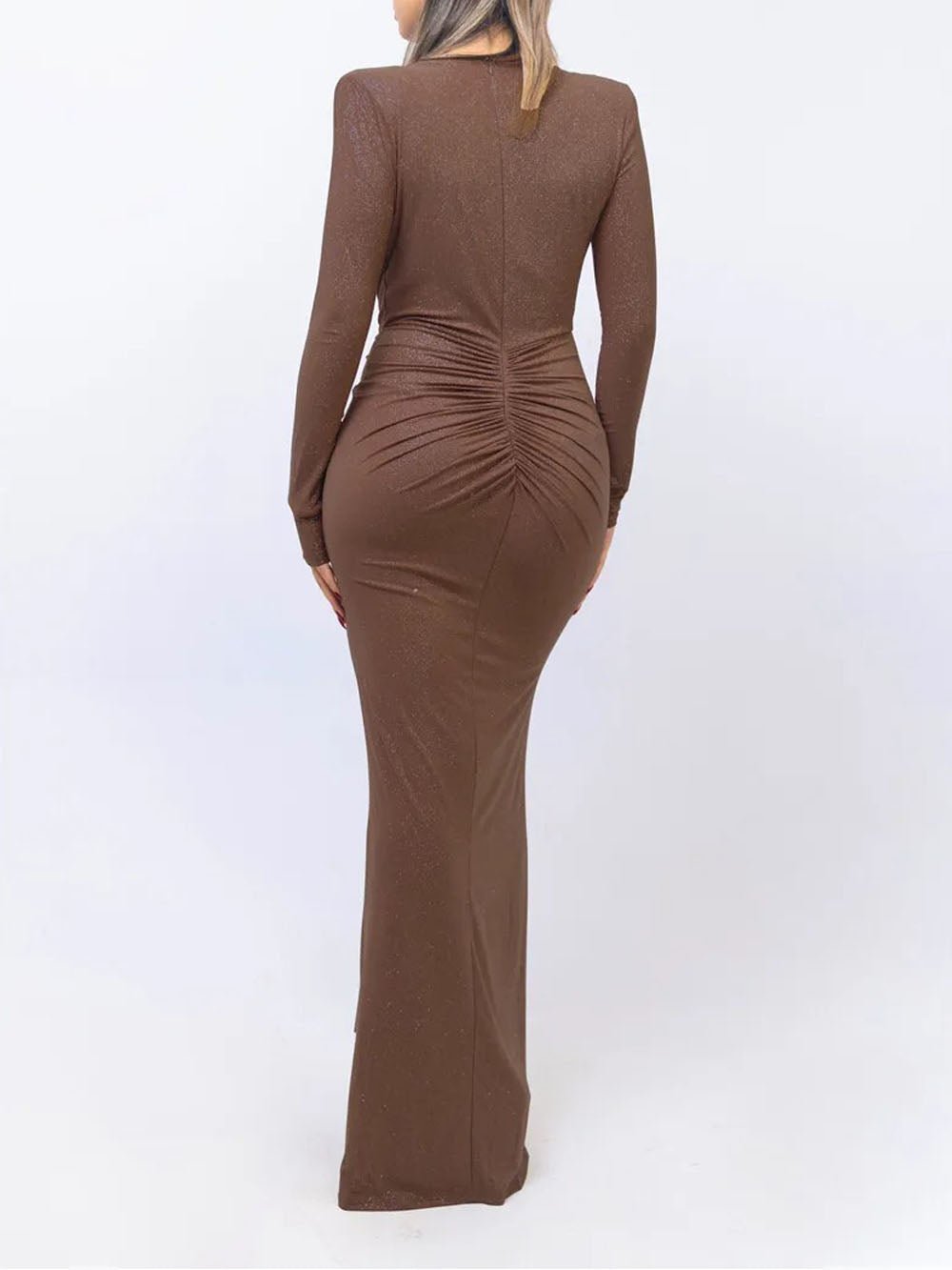 Deep V-Neck Long Sleeve Knot Waist Ruched Shimmer Drape Panel Maxi Dress