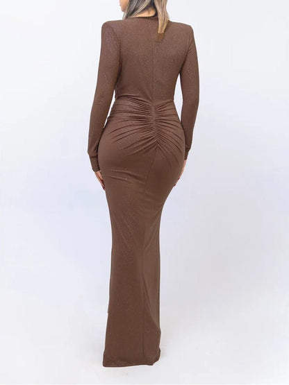 Deep V-Neck Long Sleeve Knot Waist Ruched Shimmer Drape Panel Maxi Dress