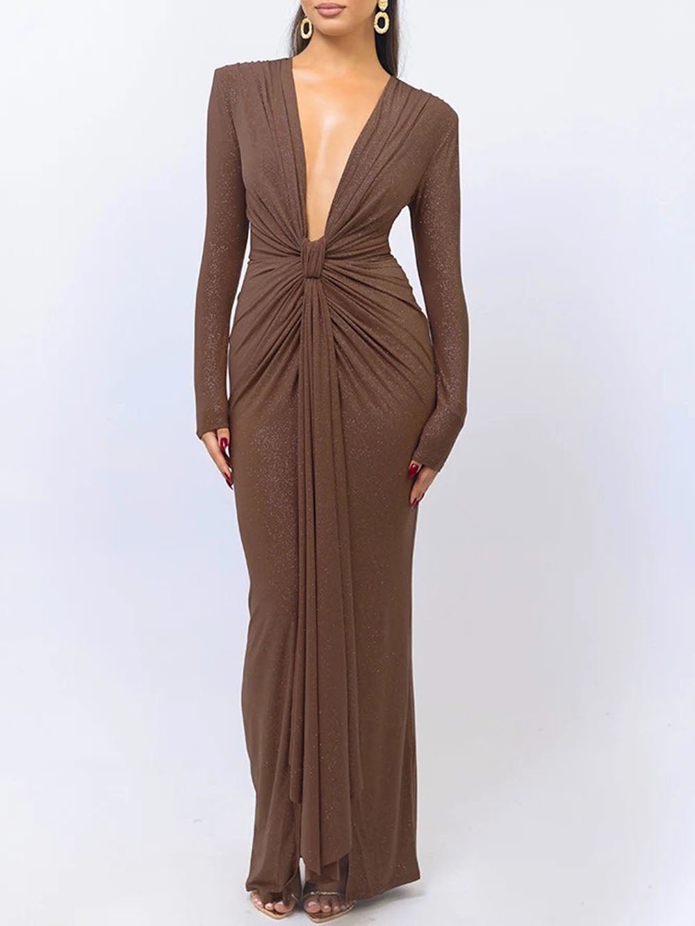 Deep V-Neck Long Sleeve Knot Waist Ruched Shimmer Drape Panel Maxi Dress