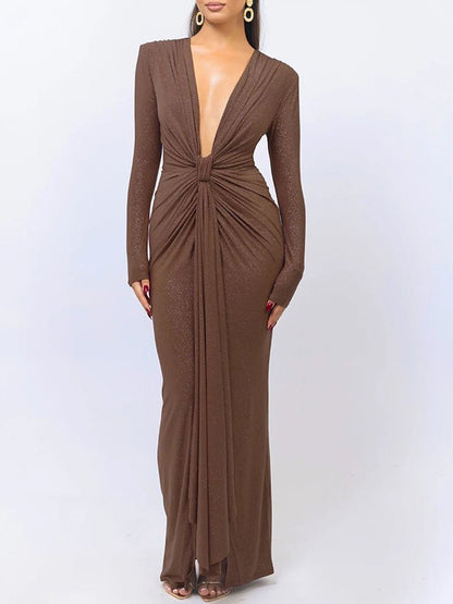 Deep V-Neck Long Sleeve Knot Waist Ruched Shimmer Drape Panel Maxi Dress