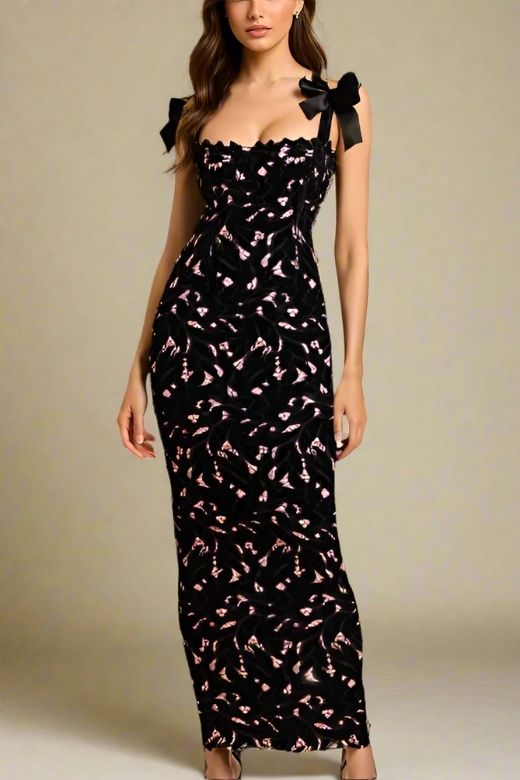 Classic Black Scalloped Sweetheart Bow Shoulder Lace Bodycon Maxi Dress