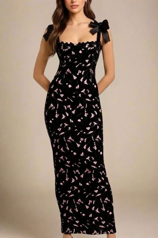 Classic Black Scalloped Sweetheart Bow Shoulder Lace Bodycon Maxi Dress