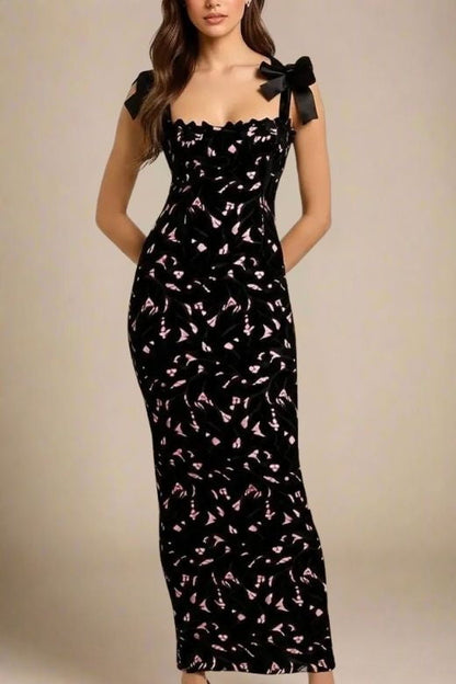 Classic Black Scalloped Sweetheart Bow Shoulder Lace Bodycon Maxi Dress