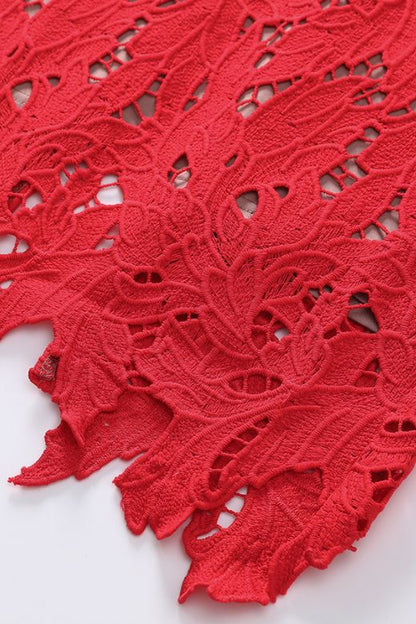 Lipstick Red Scalloped Sweetheart Bow Shoulder Lace Bodycon Maxi Dress